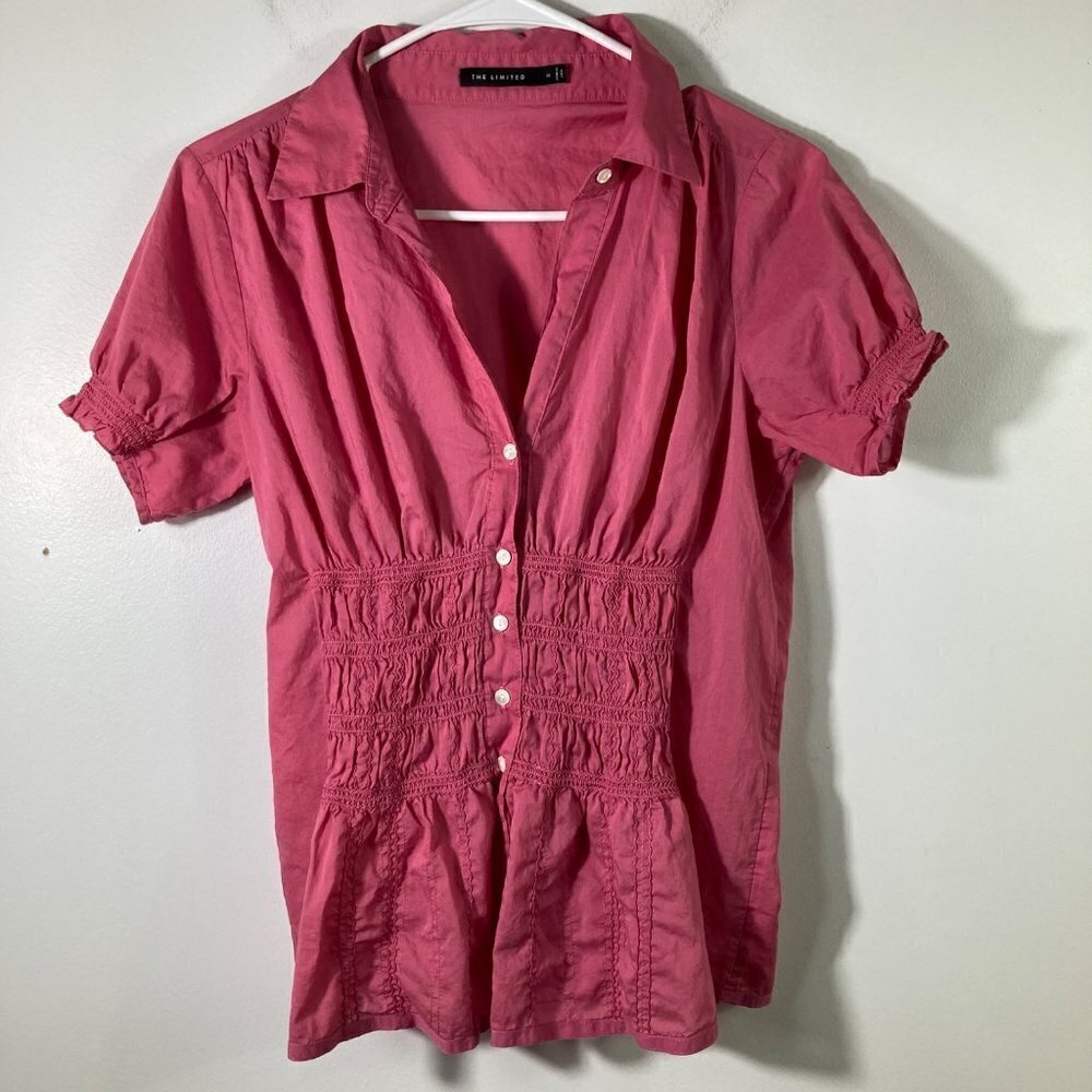Womens The Limited‎ Ruched Button V Neck Shirt Pink M Cotton